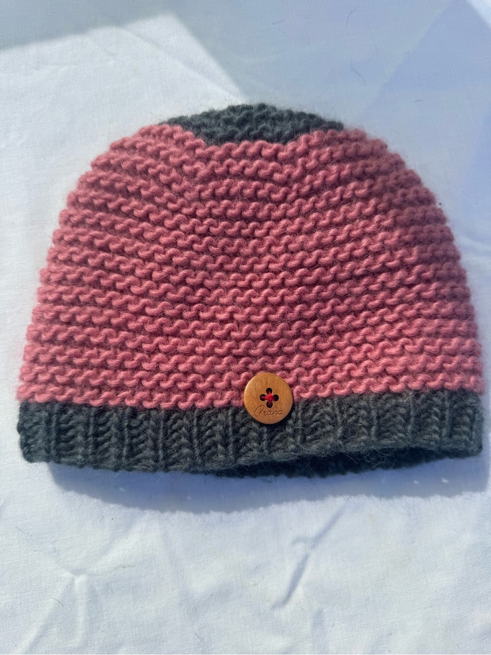 Prana Pink and Gray Knit Beanie with Wooden Logo Button